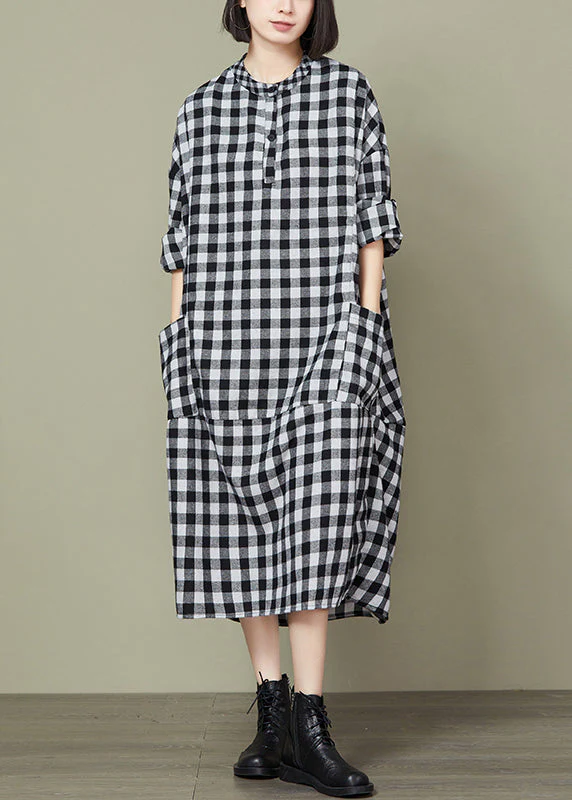 Plus Size Big Plaid Pockets Patchwork Cotton Long Dresses Fall