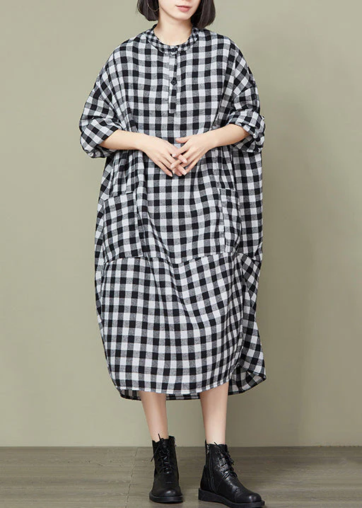 Plus Size Big Plaid Pockets Patchwork Cotton Long Dresses Fall - Image 2