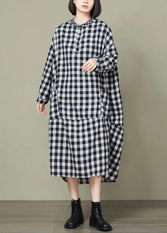 Plus Size Big Plaid Pockets Patchwork Cotton Long Dresses Fall - Image 3