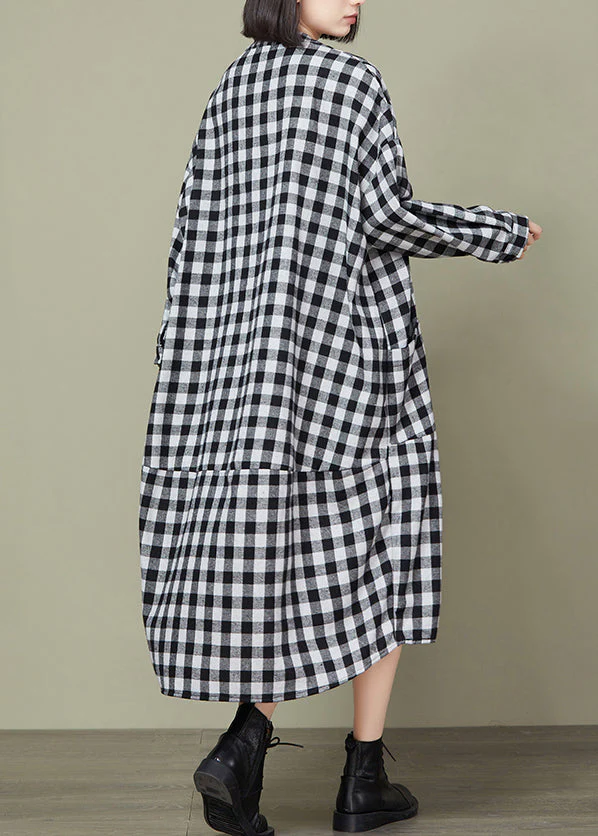 Plus Size Big Plaid Pockets Patchwork Cotton Long Dresses Fall - Image 4