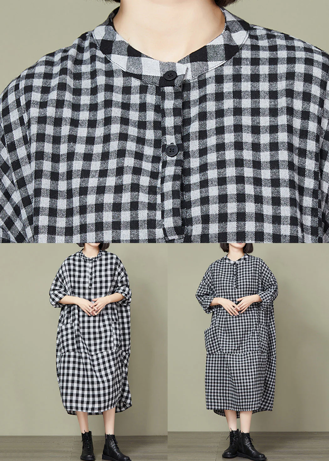 Plus Size Big Plaid Pockets Patchwork Cotton Long Dresses Fall - Image 5