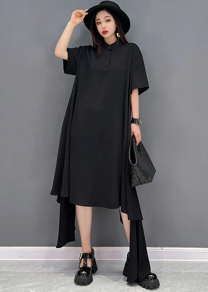 Plus Size Black Asymmetrical Design Chiffon Long Dresses Short Sleeve - Image 2
