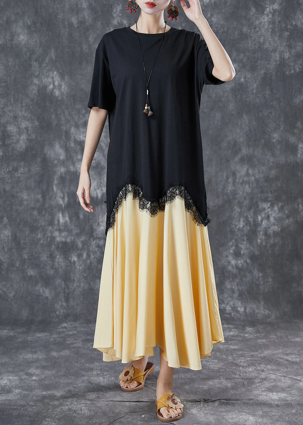 Plus Size Black Asymmetrical Patchwork Cotton Fake Two Piece Dresses Summer - Image 2