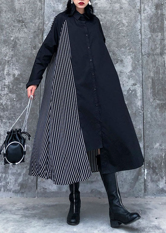 Plus size Black Asymmetrical Striped Patchwork shirt Dresses Spring - Image 3