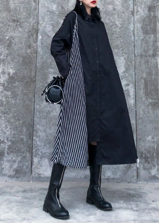 Plus size Black Asymmetrical Striped Patchwork shirt Dresses Spring - Image 4