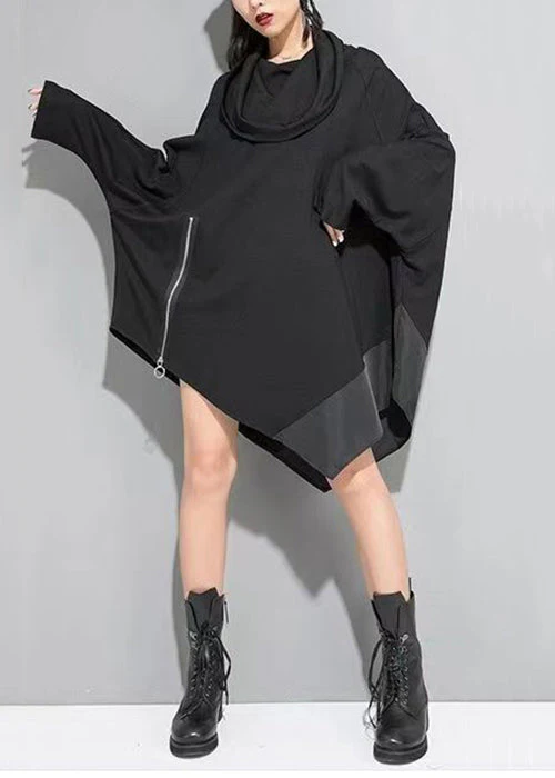 Plus Size Black Asymmetrical Zippered Patchwork Cotton Mid Dress Batwing Sleeve - Image 3