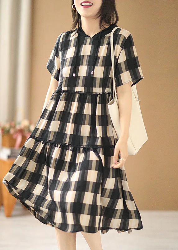 Plus Size Black Beige Plaid Drawstring Hooded Patchwork Cotton Pullover Dress Short Sleeve - Image 2
