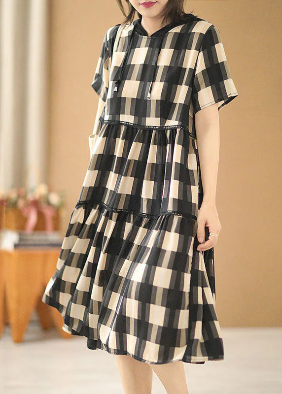 Plus Size Black Beige Plaid Drawstring Hooded Patchwork Cotton Pullover Dress Short Sleeve - Image 3