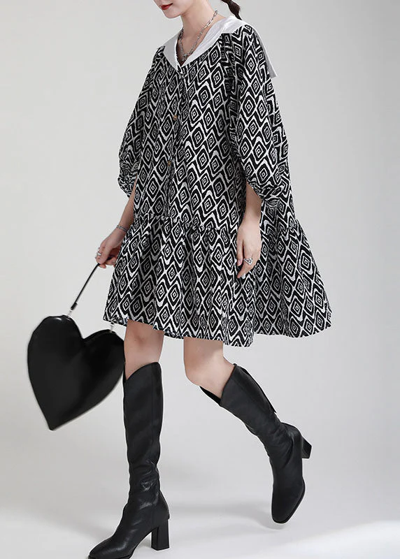 Plus Size Black Button Patchwork asymmetrical design Puff Sleeve Fall Dresses