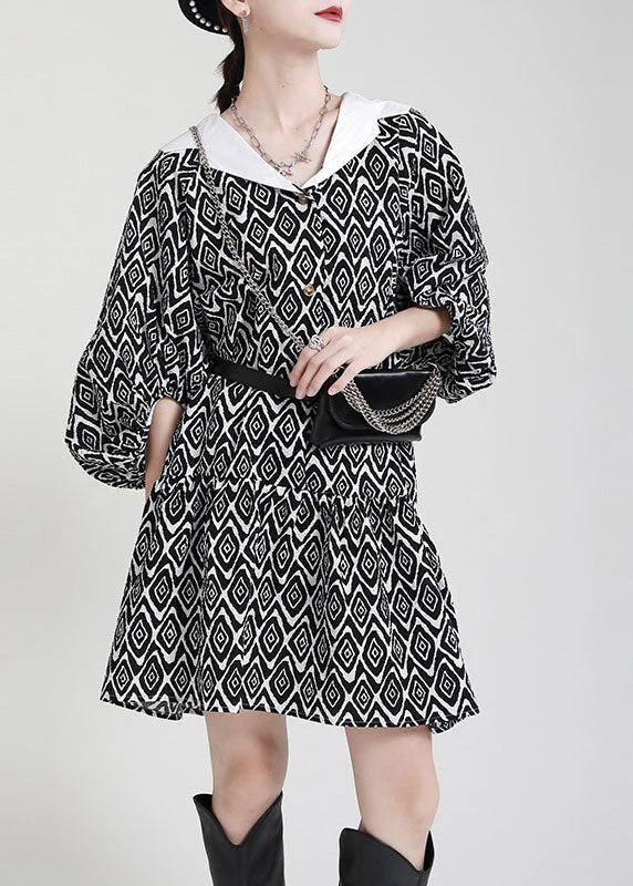 Plus Size Black Button Patchwork asymmetrical design Puff Sleeve Fall Dresses - Image 2