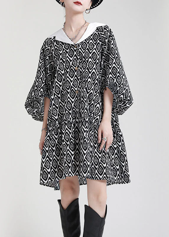 Plus Size Black Button Patchwork asymmetrical design Puff Sleeve Fall Dresses - Image 3