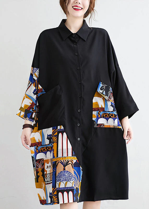 Plus Size Black Button Print Patchwork Cotton Blouses Dress Fall - Image 2