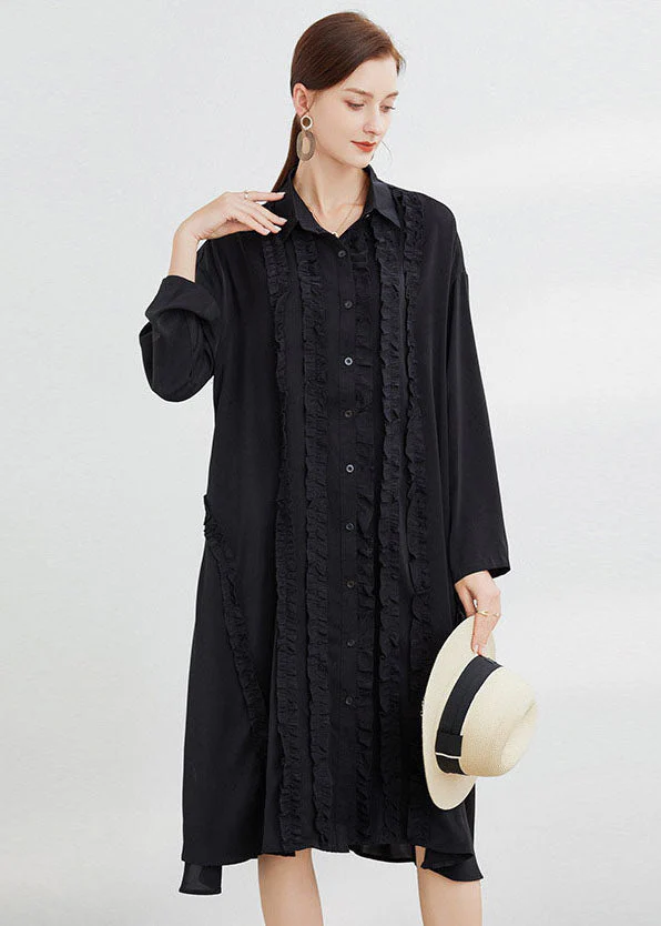 Plus Size Black Button shirts Dress Ruffled Spring - Image 2