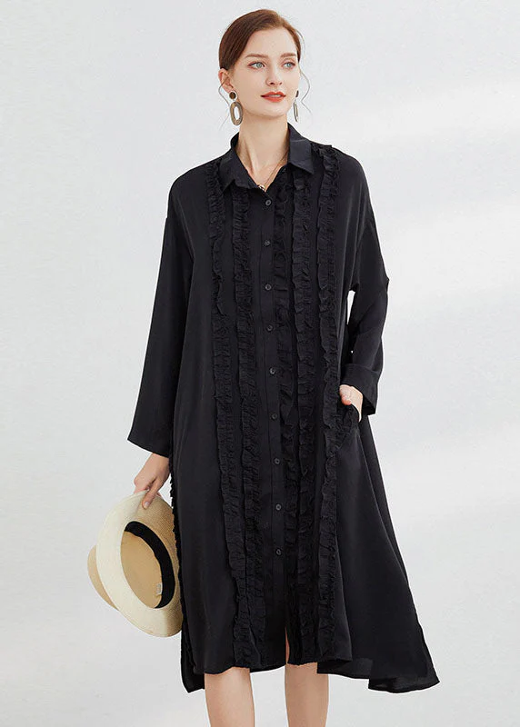 Plus Size Black Button shirts Dress Ruffled Spring - Image 3