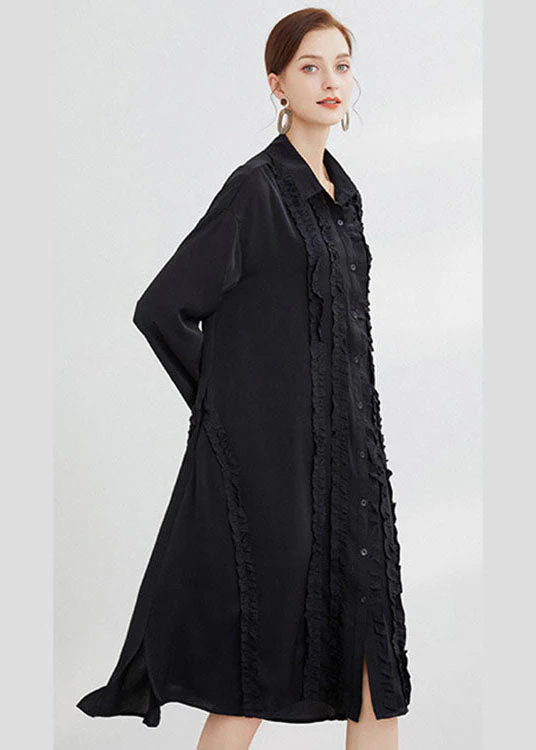 Plus Size Black Button shirts Dress Ruffled Spring - Image 4