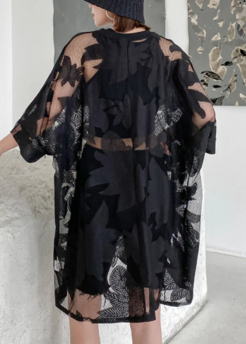 Plus Size Black Embroideried Hollow Out Patchwork Lace Mid Dress Half Sleeve - Image 5