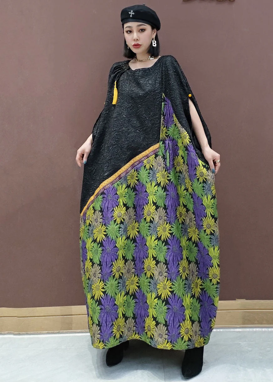 Plus Size Black Green O-Neck Patchwork Daisy Wrinkled Holiday Dress Short Sleeve - Image 2