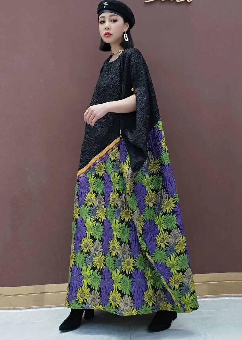 Plus Size Black Green O-Neck Patchwork Daisy Wrinkled Holiday Dress Short Sleeve - Image 3