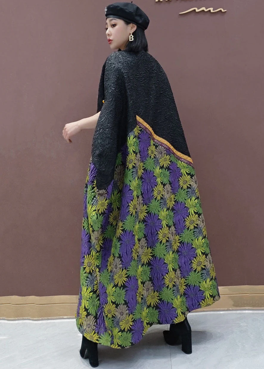 Plus Size Black Green O-Neck Patchwork Daisy Wrinkled Holiday Dress Short Sleeve - Image 4