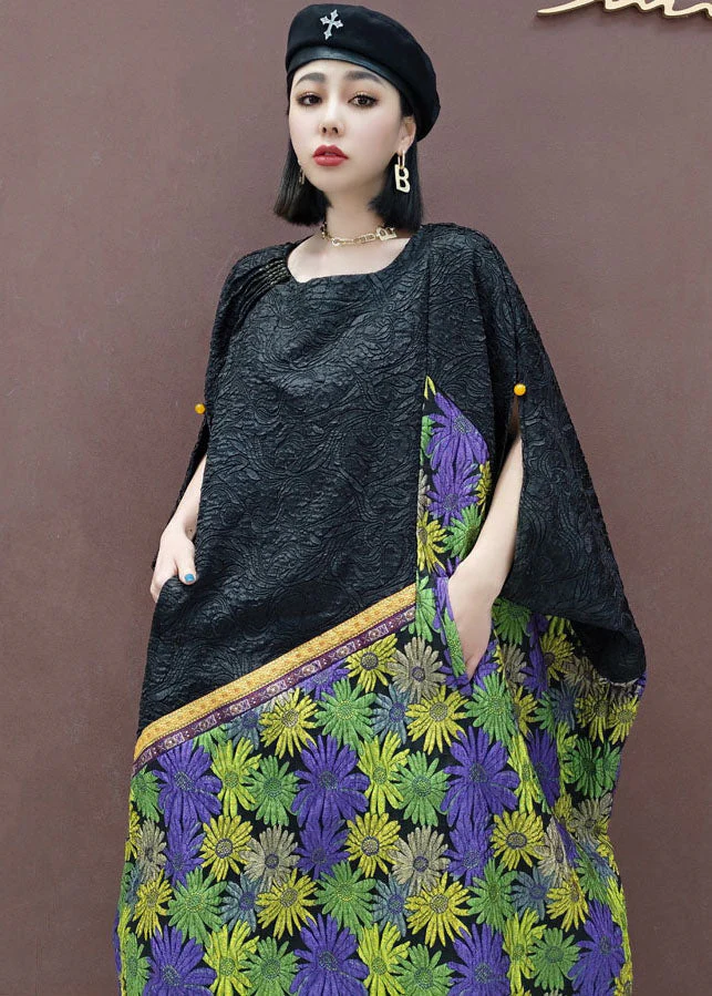 Plus Size Black Green O-Neck Patchwork Daisy Wrinkled Holiday Dress Short Sleeve - Image 5
