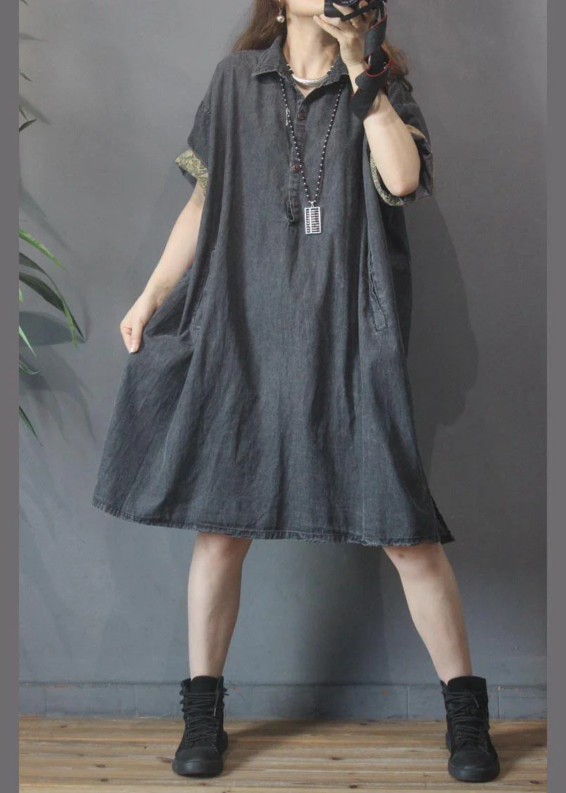 Plus Size Black Grey Turn-down Collar Button Summer Maxi Dresses