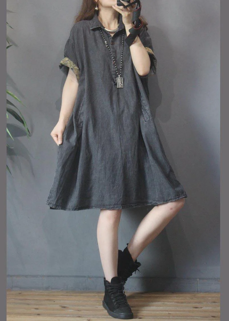 Plus Size Black Grey Turn-down Collar Button Summer Maxi Dresses - Image 2
