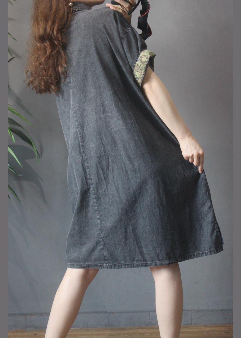 Plus Size Black Grey Turn-down Collar Button Summer Maxi Dresses - Image 4