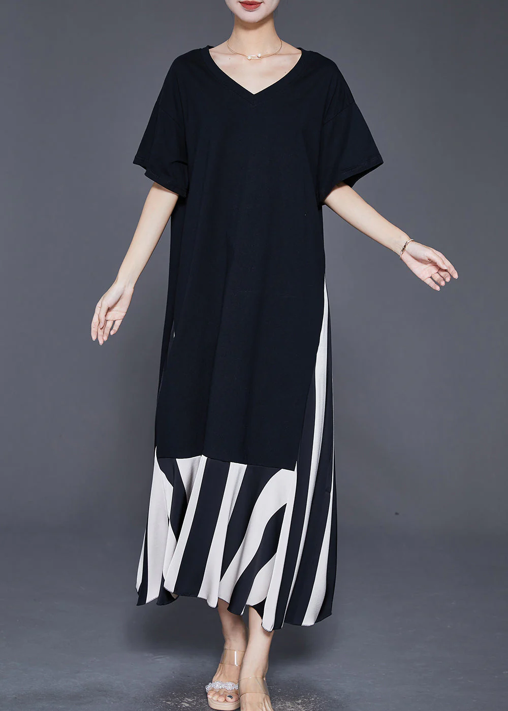Plus Size Black Heart Neck Patchwork Cotton Fake Two Piece Dress Summer - Image 2