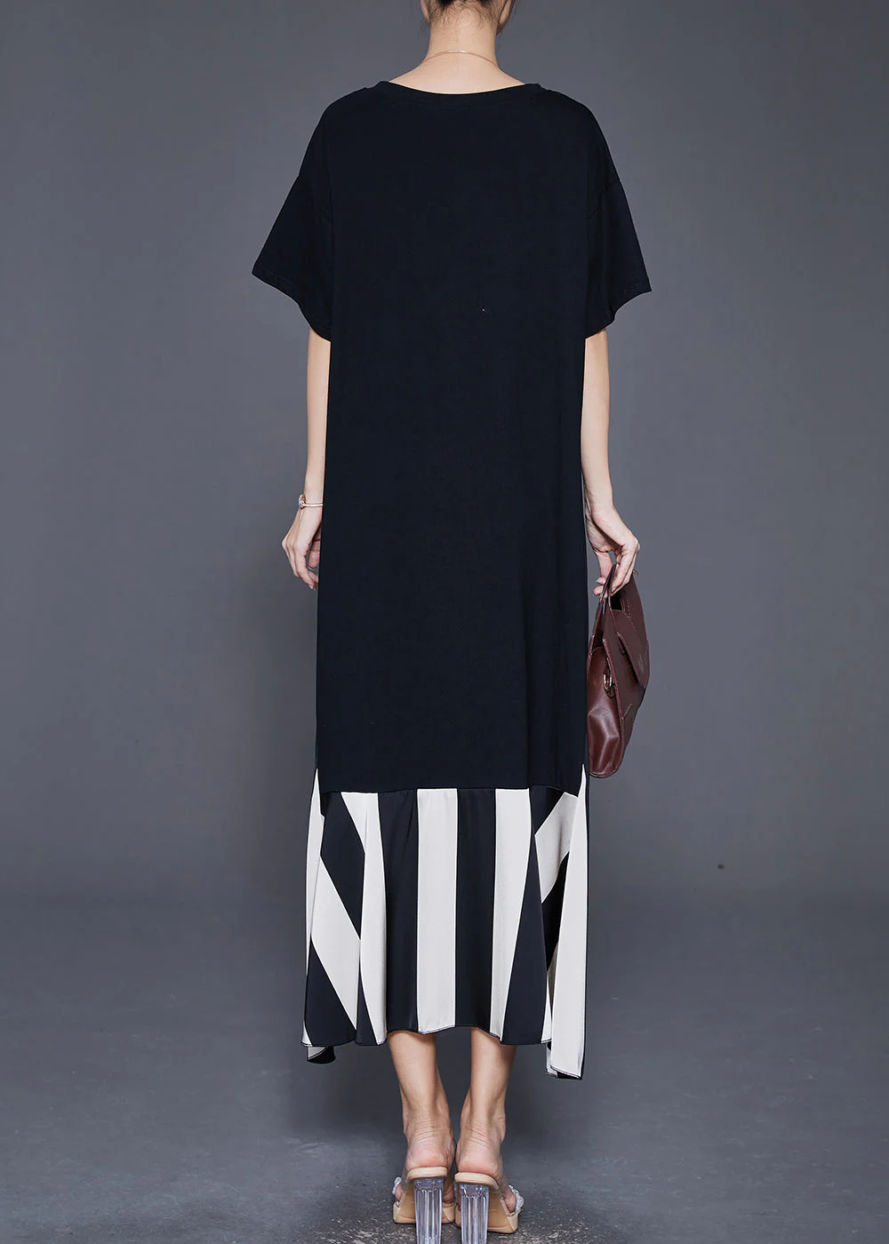 Plus Size Black Heart Neck Patchwork Cotton Fake Two Piece Dress Summer - Image 4