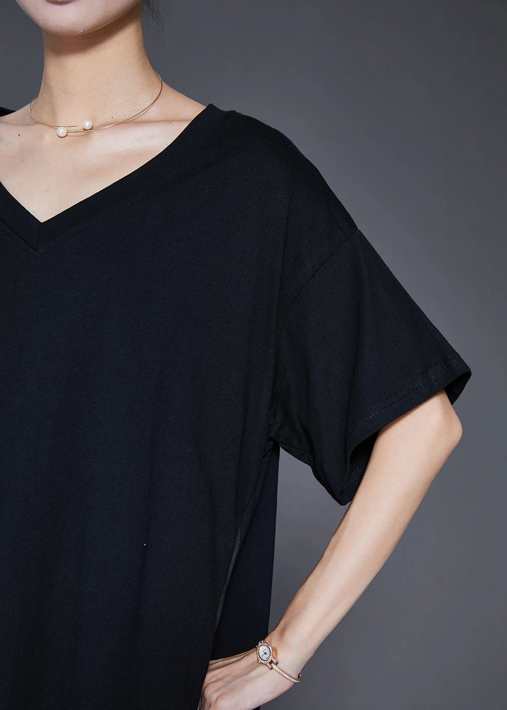 Plus Size Black Heart Neck Patchwork Cotton Fake Two Piece Dress Summer - Image 5