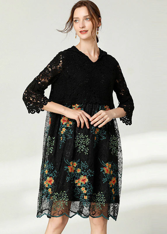 Plus Size Black Hooded Patchwork Lace Dress Spring - Image 2
