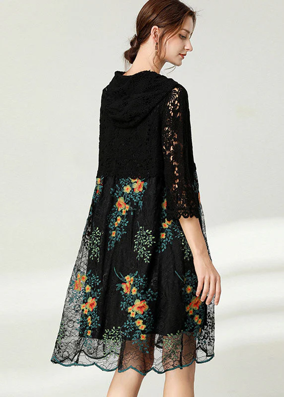 Plus Size Black Hooded Patchwork Lace Dress Spring - Image 3