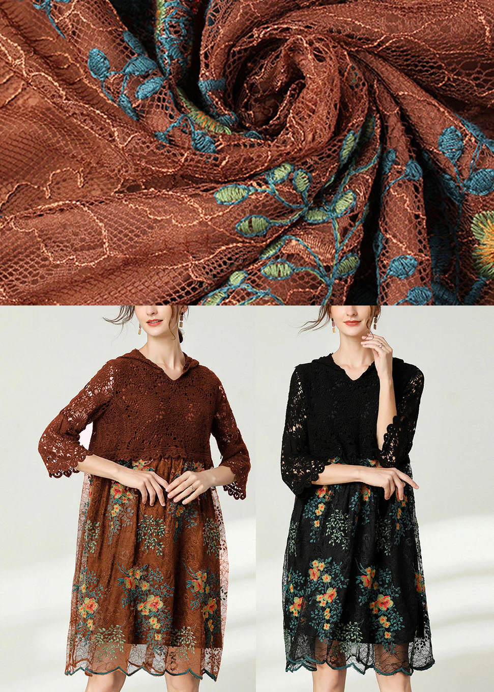 Plus Size Black Hooded Patchwork Lace Dress Spring - Image 5