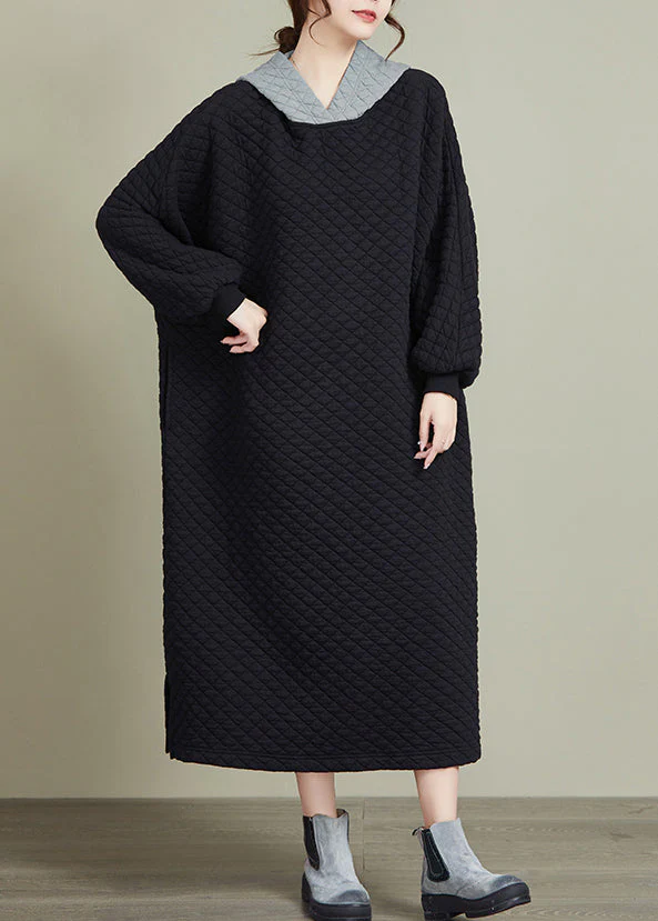 Plus Size Black Hooded Patchwork Thick Long Dresses Long Sleeve - Image 3