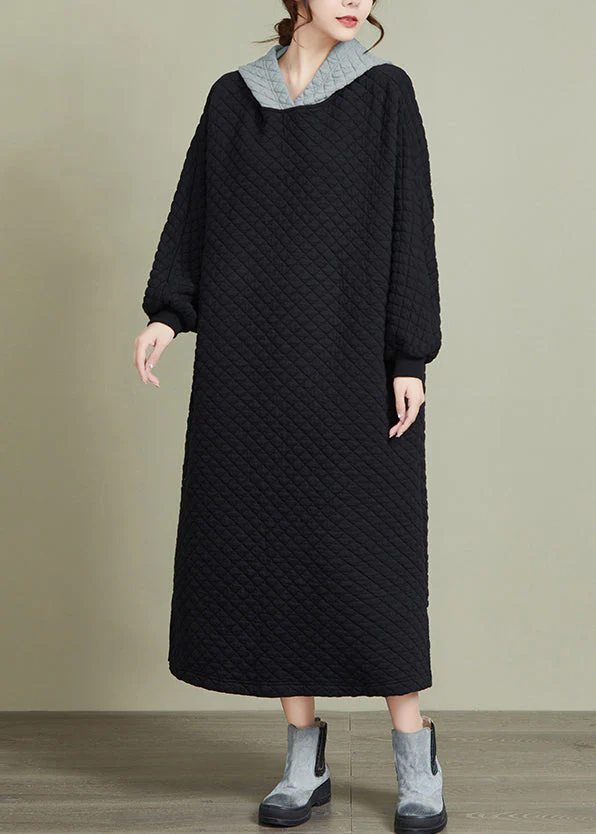 Plus Size Black Hooded Patchwork Thick Long Dresses Long Sleeve - Image 4
