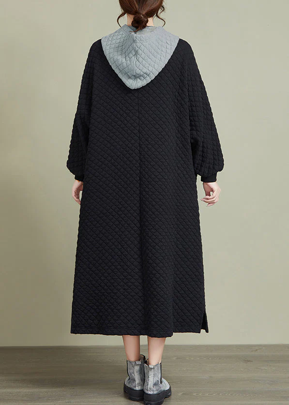 Plus Size Black Hooded Patchwork Thick Long Dresses Long Sleeve - Image 5