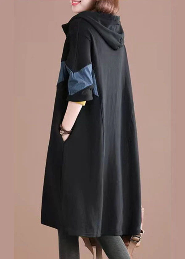 Plus Size Black Hooded Patchwork Warm Fleece Loose Sweatshirt Dress Winter - Image 4