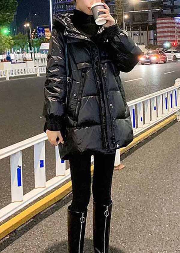 Plus Size Black Hooded Pockets Fine Cotton Filled Parkas Winter - Image 4