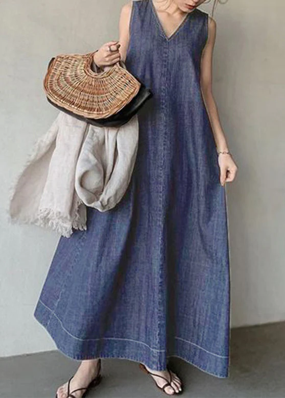 Plus Size Black Necek Tie Patchwork Solid Holiday Maxi Denim Dress Sleeveless - Image 2