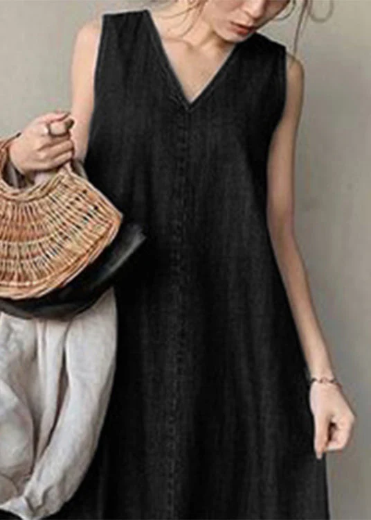 Plus Size Black Necek Tie Patchwork Solid Holiday Maxi Denim Dress Sleeveless - Image 3