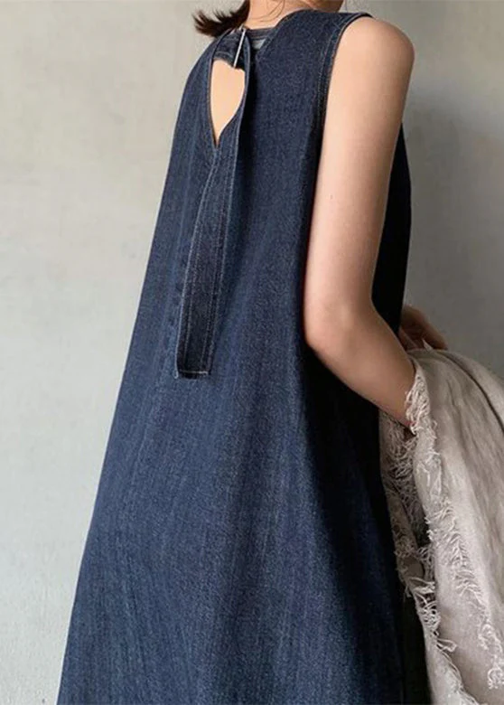 Plus Size Black Necek Tie Patchwork Solid Holiday Maxi Denim Dress Sleeveless - Image 4
