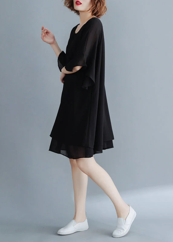 Plus Size Black O-Neck Chiffon Holiday Dresses flare sleeve - Image 4