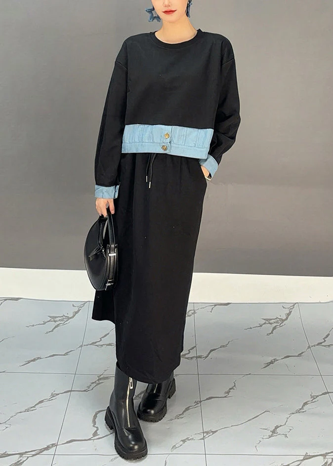 Plus Size Black O-Neck Denim Patchwork Pockets Maxi Dresses Spring - Image 4