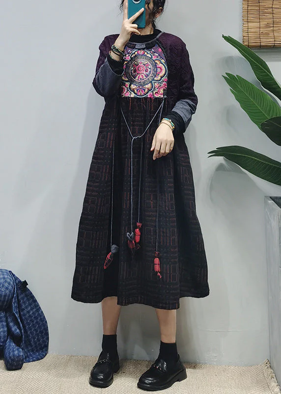 Plus Size Black O-Neck Embroideried Patchwork Jacquard Long Dress Long Sleeve - Image 2