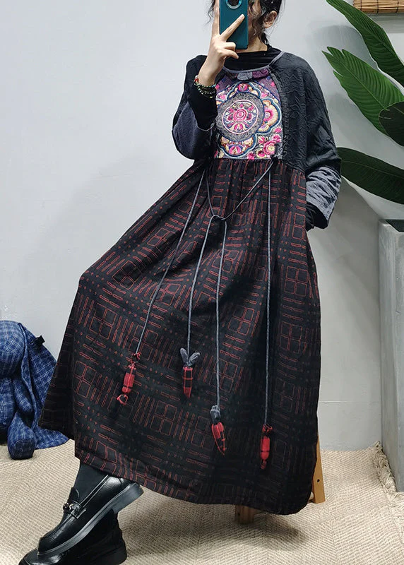 Plus Size Black O-Neck Embroideried Patchwork Jacquard Long Dress Long Sleeve - Image 3