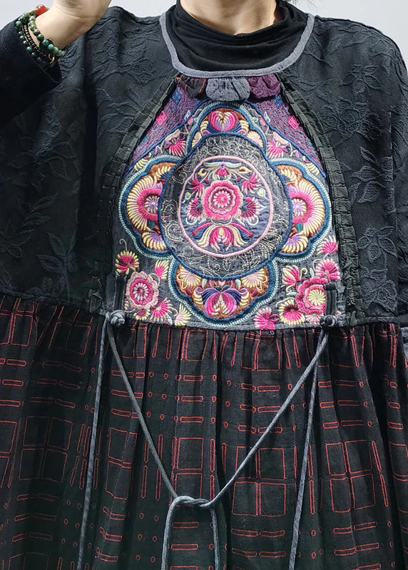 Plus Size Black O-Neck Embroideried Patchwork Jacquard Long Dress Long Sleeve - Image 5