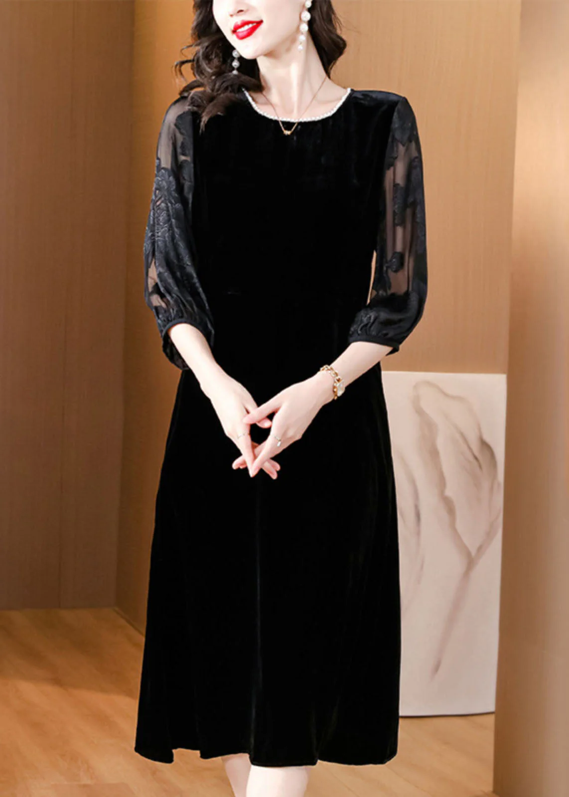 Plus Size Black O-Neck Embroidered Tulle Patchwork Silk Maxi Dresses Fall - Image 2