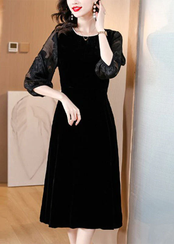 Plus Size Black O-Neck Embroidered Tulle Patchwork Silk Maxi Dresses Fall - Image 3