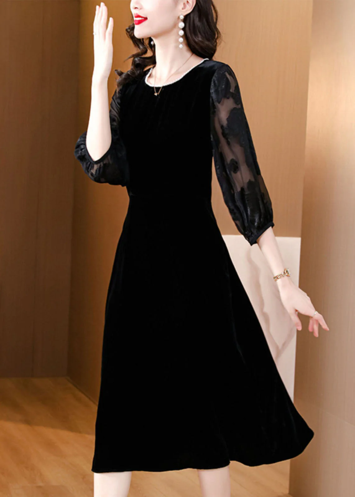 Plus Size Black O-Neck Embroidered Tulle Patchwork Silk Maxi Dresses Fall - Image 4