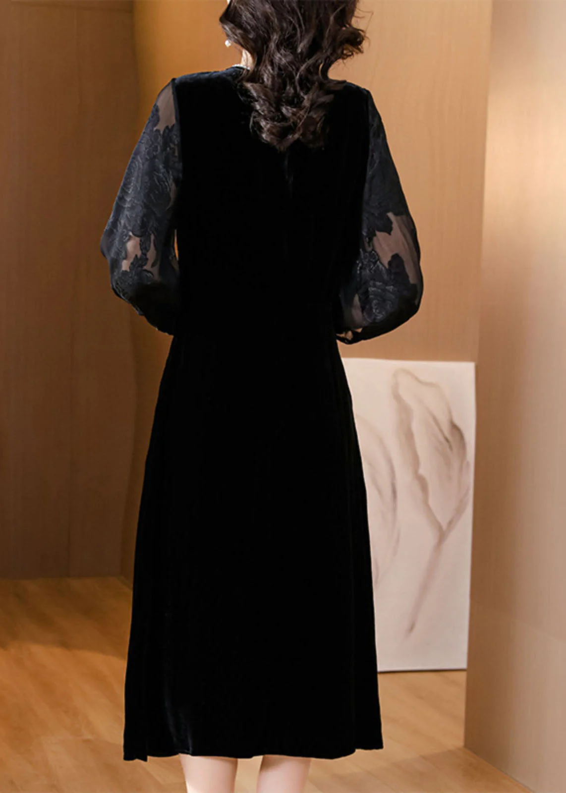 Plus Size Black O-Neck Embroidered Tulle Patchwork Silk Maxi Dresses Fall - Image 5